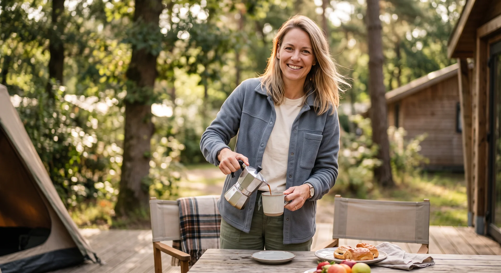 Campinggast geniet van koffie op de veranda in de natuur