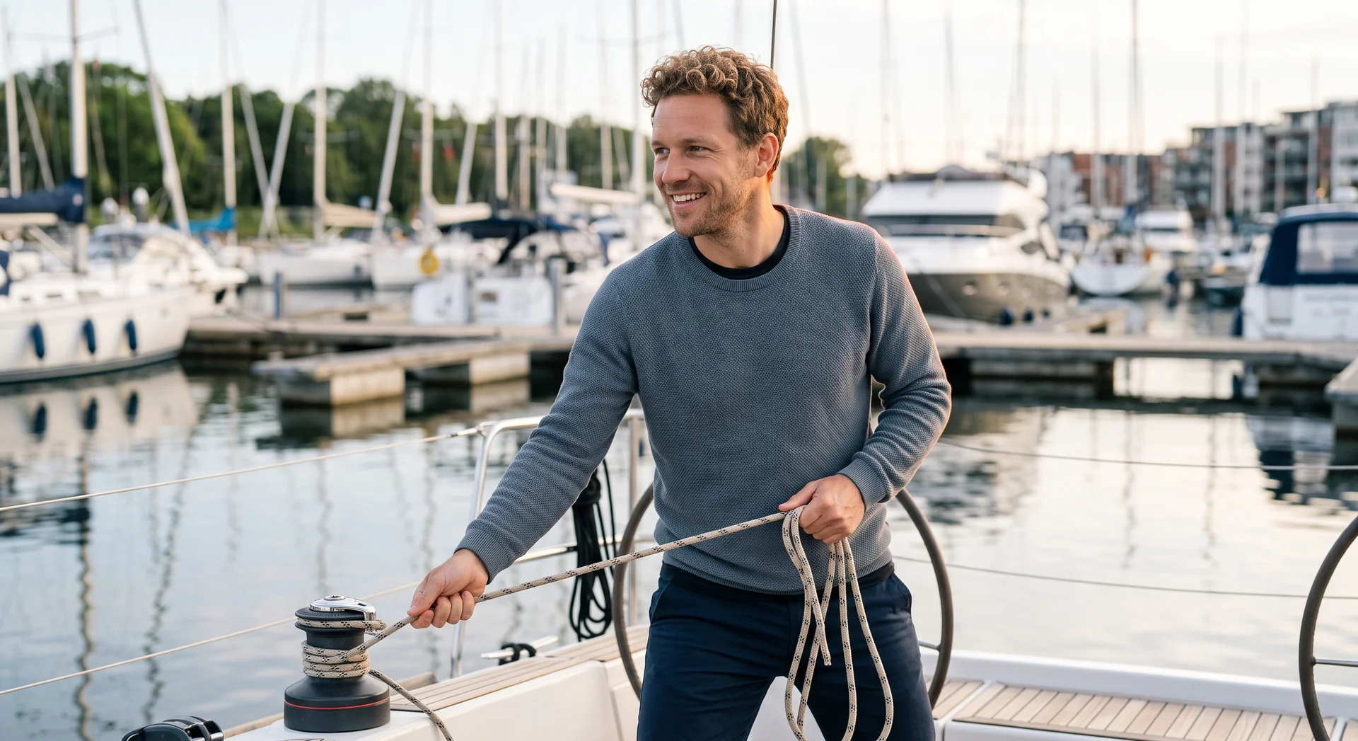 Booteigenaar op zeiljacht in de jachthaven