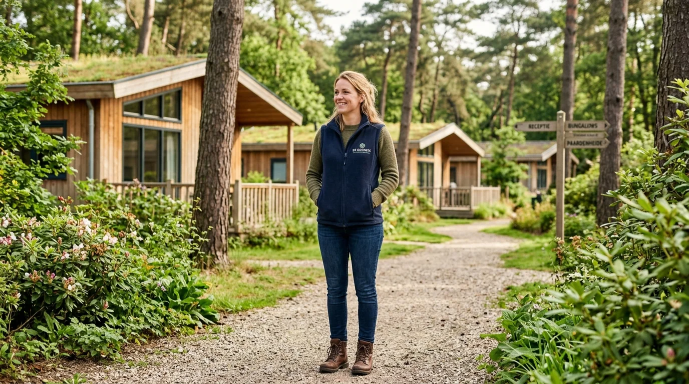 Parkbeheerder op een groen vakantiepark met houten bungalows